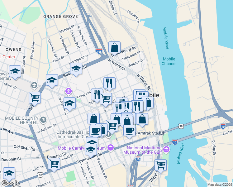 map of restaurants, bars, coffee shops, grocery stores, and more near in Mobile