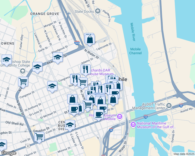 map of restaurants, bars, coffee shops, grocery stores, and more near Saint Joseph Street in Mobile