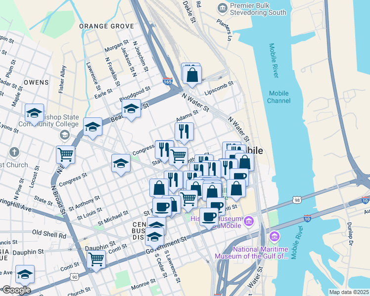 map of restaurants, bars, coffee shops, grocery stores, and more near 206 State Street in Mobile