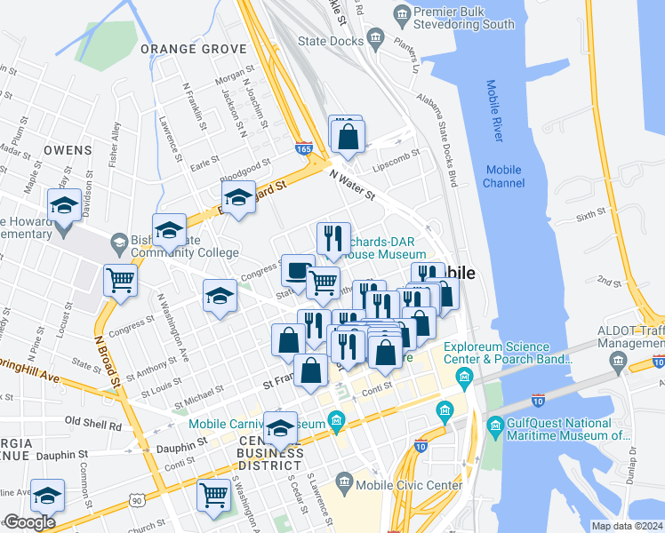 map of restaurants, bars, coffee shops, grocery stores, and more near 206 State Street in Mobile