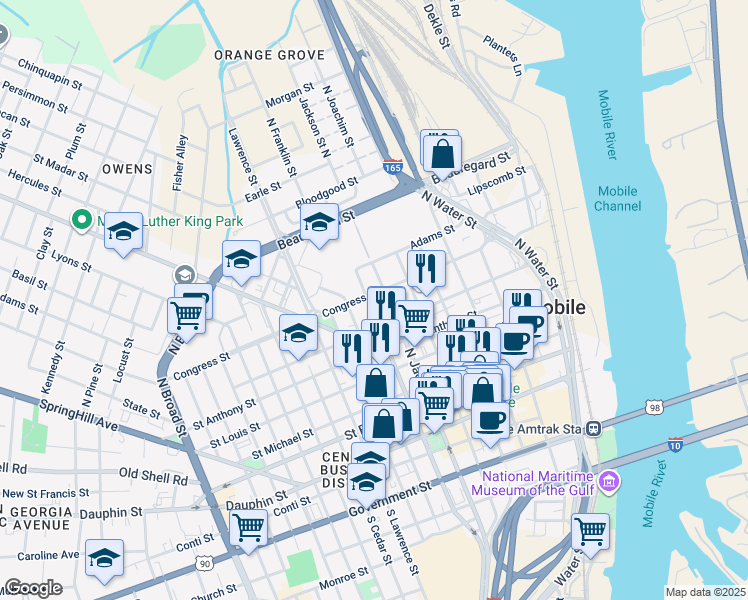 map of restaurants, bars, coffee shops, grocery stores, and more near 261 Congress Street in Mobile