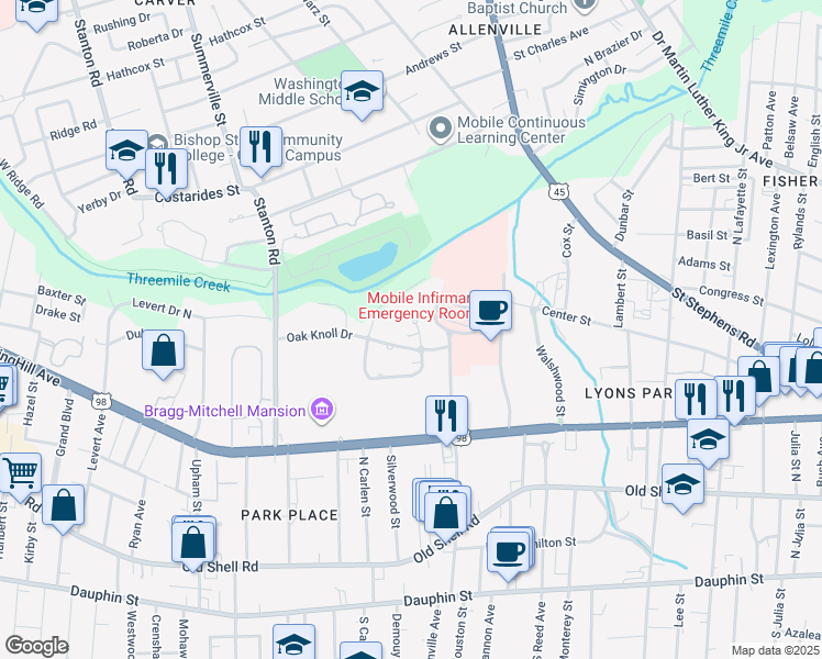 map of restaurants, bars, coffee shops, grocery stores, and more near 313 Indian Creek Drive East in Mobile