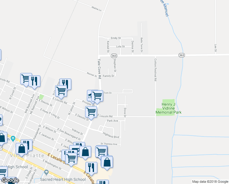 map of restaurants, bars, coffee shops, grocery stores, and more near 1013 Tom Drive in Ville Platte