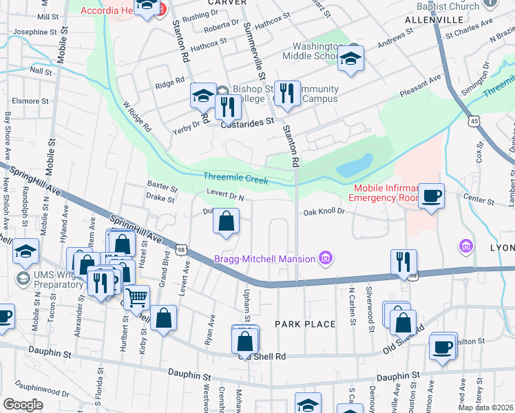 map of restaurants, bars, coffee shops, grocery stores, and more near 2021 Levert Drive North in Mobile