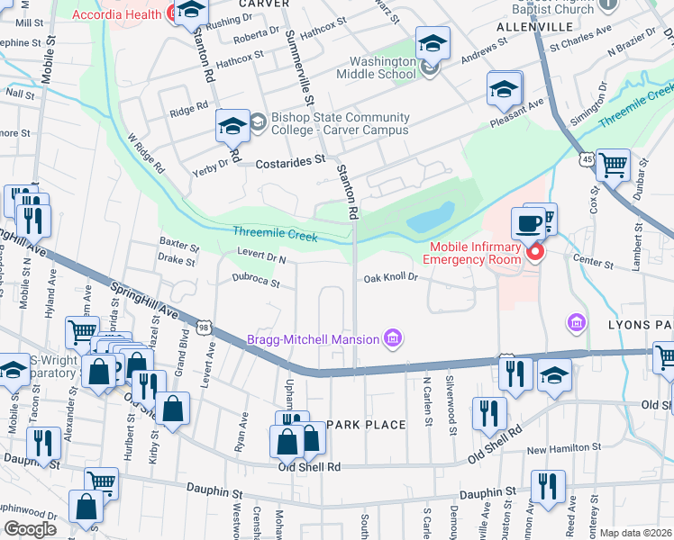 map of restaurants, bars, coffee shops, grocery stores, and more near 2021 Levert Drive North in Mobile