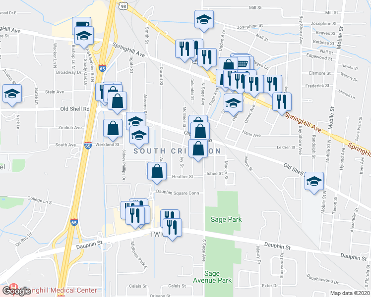 map of restaurants, bars, coffee shops, grocery stores, and more near 76 Ivy Street in Mobile