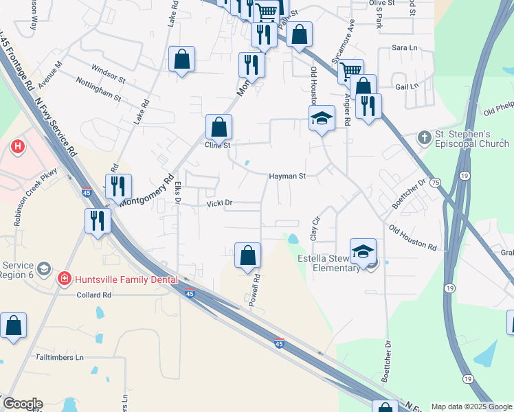 map of restaurants, bars, coffee shops, grocery stores, and more near 747 Vicki Drive in Huntsville