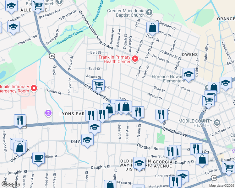map of restaurants, bars, coffee shops, grocery stores, and more near 221 Rylands Street in Mobile