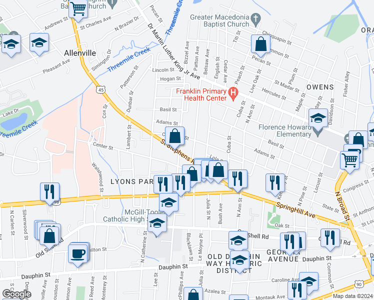 map of restaurants, bars, coffee shops, grocery stores, and more near 221 Lexington Avenue in Mobile