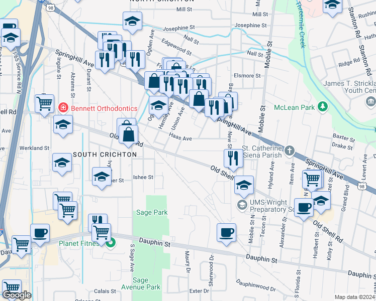 map of restaurants, bars, coffee shops, grocery stores, and more near 2814 Le Cren Street in Mobile