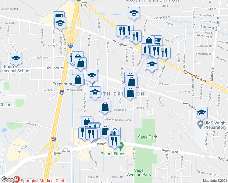 map of restaurants, bars, coffee shops, grocery stores, and more near 80 Picardy Street in Mobile