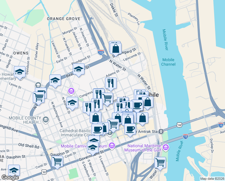 map of restaurants, bars, coffee shops, grocery stores, and more near 206 State Street in Mobile