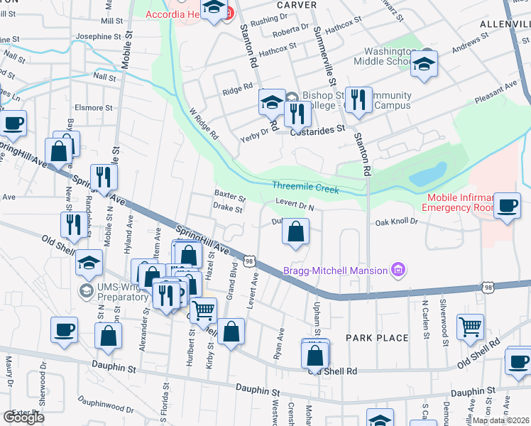 map of restaurants, bars, coffee shops, grocery stores, and more near 307 Levert Street in Mobile