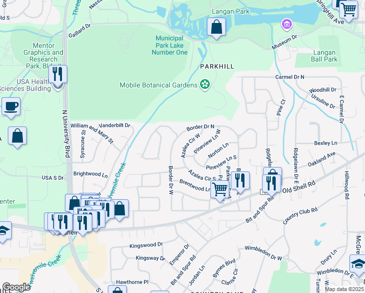 map of restaurants, bars, coffee shops, grocery stores, and more near 309 Azalea Circle West in Mobile