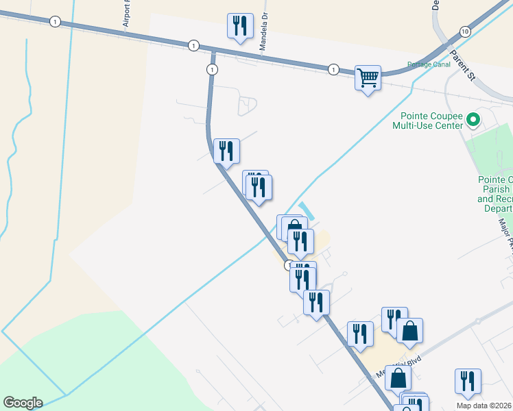 map of restaurants, bars, coffee shops, grocery stores, and more near 1713 Louisiana 1 in New Roads