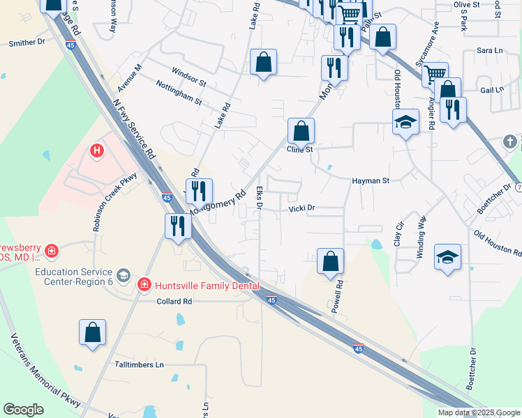 map of restaurants, bars, coffee shops, grocery stores, and more near 3205 Elks Drive in Huntsville