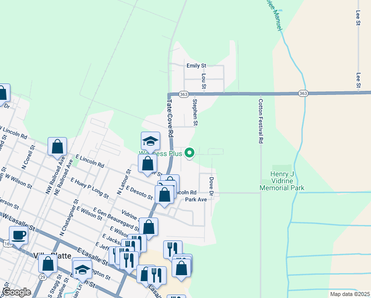 map of restaurants, bars, coffee shops, grocery stores, and more near in Ville Platte