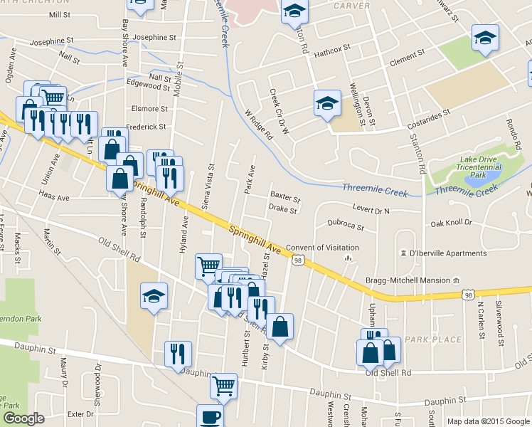 map of restaurants, bars, coffee shops, grocery stores, and more near 263 Chidester Ave in Mobile