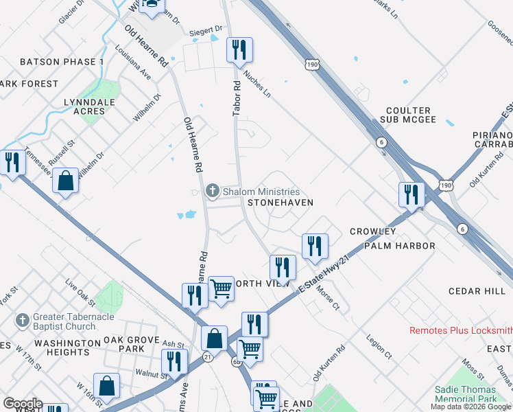 map of restaurants, bars, coffee shops, grocery stores, and more near 2064-2098 Farm To Market Road 974 in Bryan