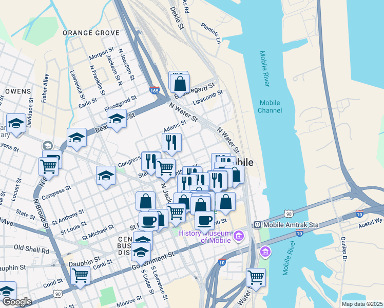 map of restaurants, bars, coffee shops, grocery stores, and more near in Mobile