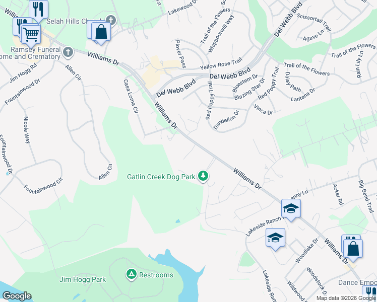 map of restaurants, bars, coffee shops, grocery stores, and more near 104 Bettie Mae Way in Georgetown