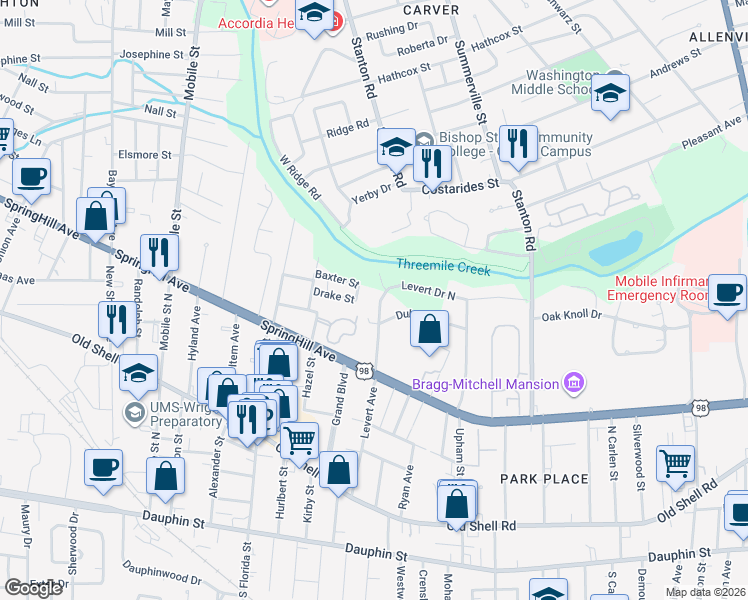 map of restaurants, bars, coffee shops, grocery stores, and more near 307 Levert Avenue in Mobile