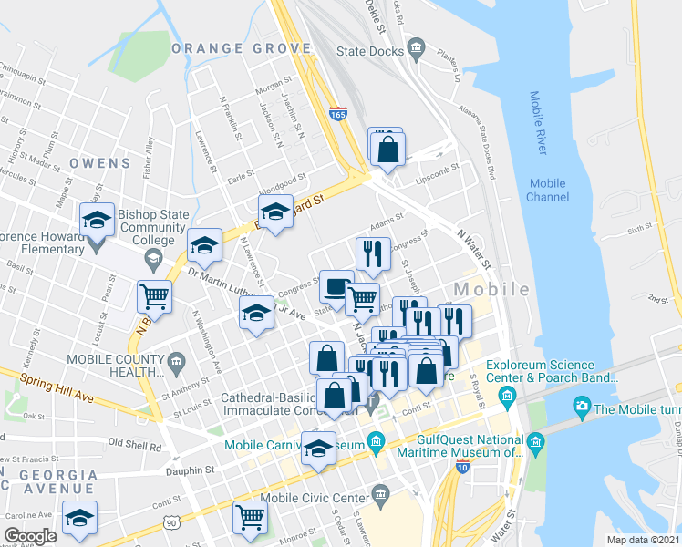 map of restaurants, bars, coffee shops, grocery stores, and more near 261 Congress Street in Mobile