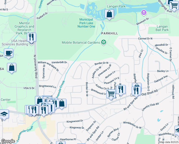 map of restaurants, bars, coffee shops, grocery stores, and more near 309 Azalea Circle West in Mobile