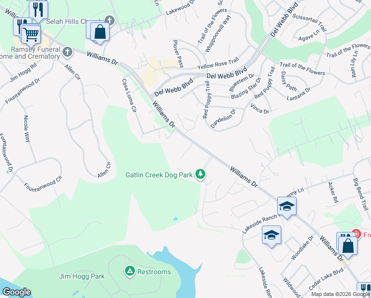 map of restaurants, bars, coffee shops, grocery stores, and more near 104 Bettie Mae Way in Georgetown