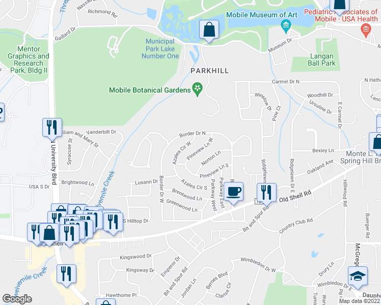 map of restaurants, bars, coffee shops, grocery stores, and more near 315 Pineview Lane in Mobile