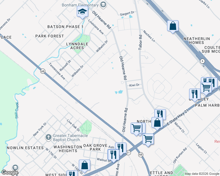 map of restaurants, bars, coffee shops, grocery stores, and more near 2420 Old Hearne Road in Bryan