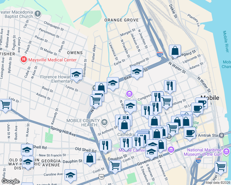 map of restaurants, bars, coffee shops, grocery stores, and more near 304 Sengstak Street in Mobile