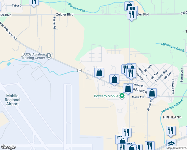 map of restaurants, bars, coffee shops, grocery stores, and more near 8050 Tanner Williams Rd in Mobile