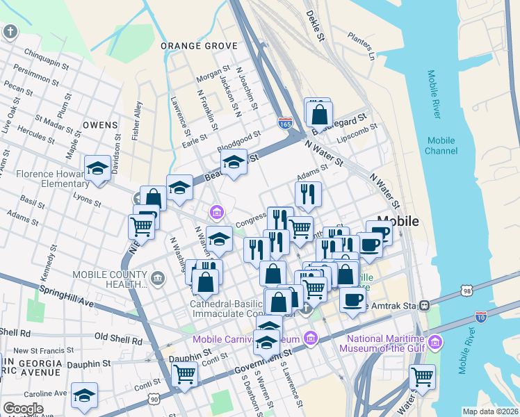 map of restaurants, bars, coffee shops, grocery stores, and more near 305 North Claiborne Street in Mobile