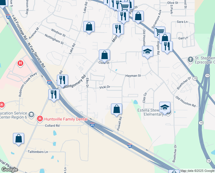 map of restaurants, bars, coffee shops, grocery stores, and more near 728 Vicki Drive in Huntsville