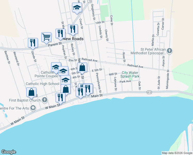 map of restaurants, bars, coffee shops, grocery stores, and more near 309 Pennsylvania Street in New Roads