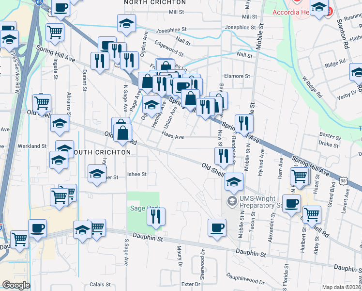 map of restaurants, bars, coffee shops, grocery stores, and more near 2814 Le Cren Street in Mobile