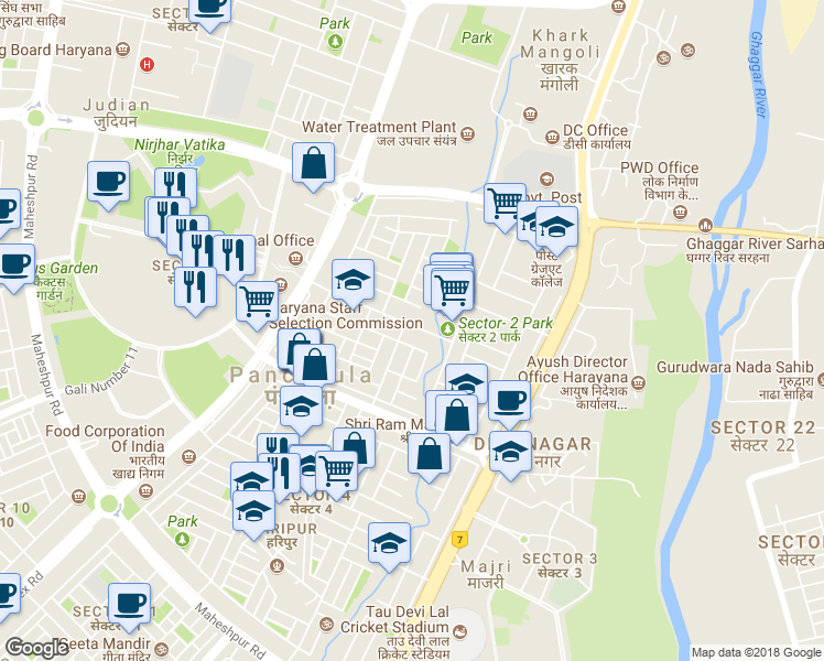 map of restaurants, bars, coffee shops, grocery stores, and more near in Panchkula
