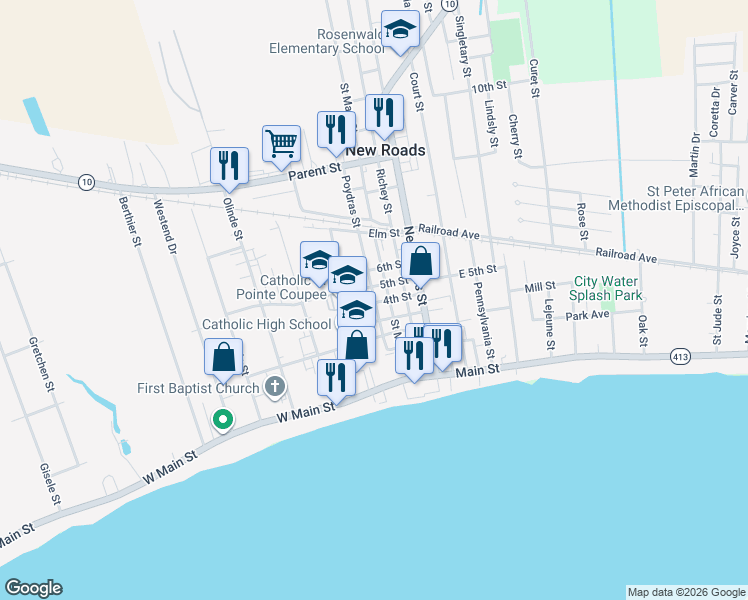 map of restaurants, bars, coffee shops, grocery stores, and more near 417 Poydras Street in New Roads