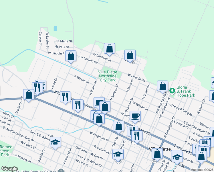 map of restaurants, bars, coffee shops, grocery stores, and more near 465-699 North Dossman Street in Ville Platte