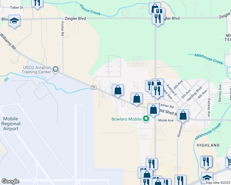 map of restaurants, bars, coffee shops, grocery stores, and more near 8050 Tanner Williams Road in Mobile
