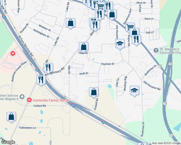 map of restaurants, bars, coffee shops, grocery stores, and more near 728 Vicki Drive in Huntsville