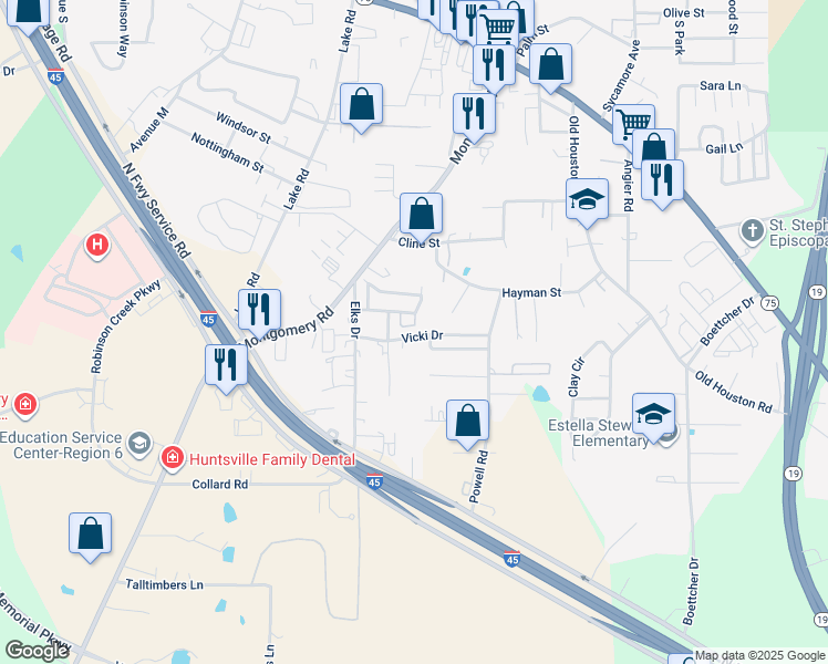 map of restaurants, bars, coffee shops, grocery stores, and more near 616 Vicki Drive in Huntsville
