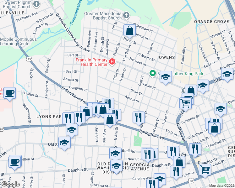 map of restaurants, bars, coffee shops, grocery stores, and more near 265 North Ann Street in Mobile