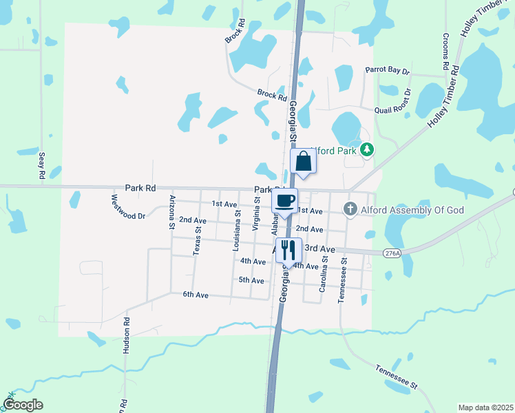 map of restaurants, bars, coffee shops, grocery stores, and more near 2461 1st Avenue in Alford