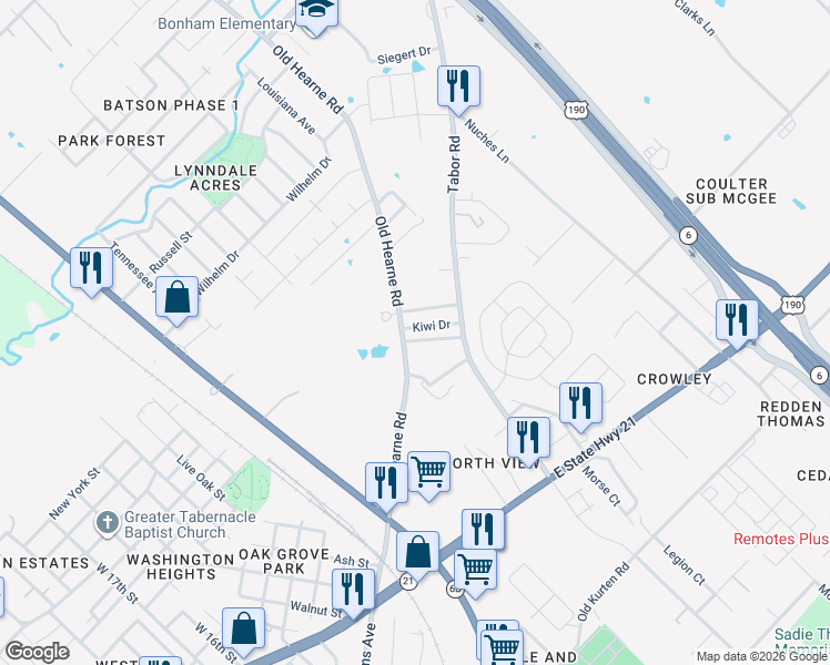 map of restaurants, bars, coffee shops, grocery stores, and more near 2301 Old Hearne Road in Bryan