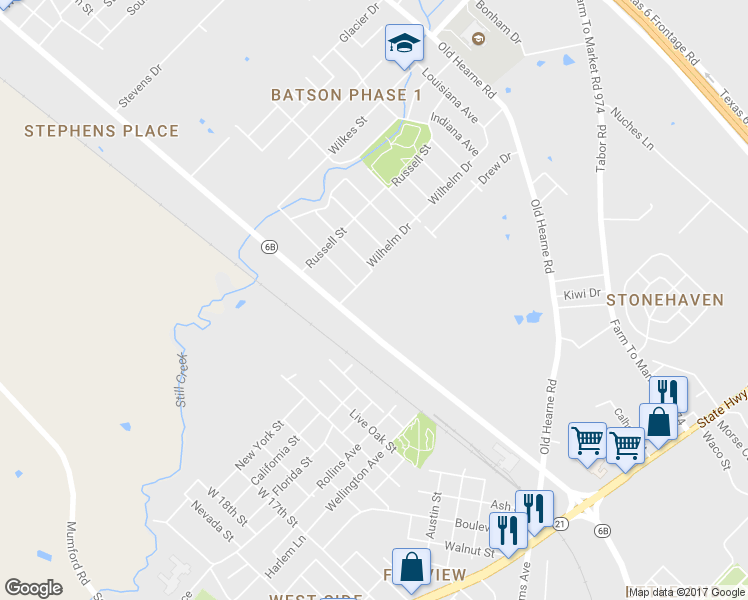 map of restaurants, bars, coffee shops, grocery stores, and more near 2803 N Texas Ave in Bryan