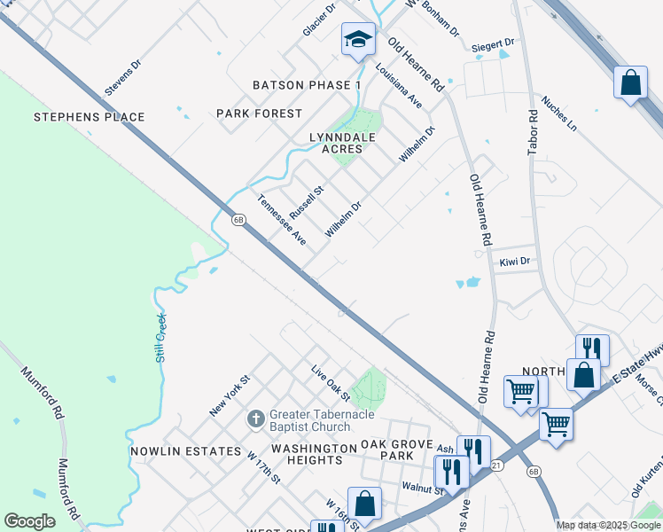 map of restaurants, bars, coffee shops, grocery stores, and more near 2803 North Texas Avenue in Bryan