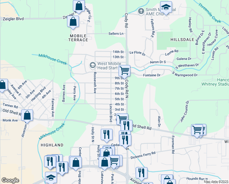 map of restaurants, bars, coffee shops, grocery stores, and more near 7164 6th Street in Mobile