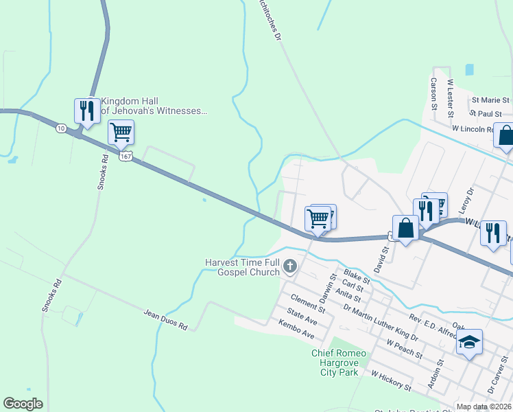 map of restaurants, bars, coffee shops, grocery stores, and more near 1841 West Main Street in Ville Platte